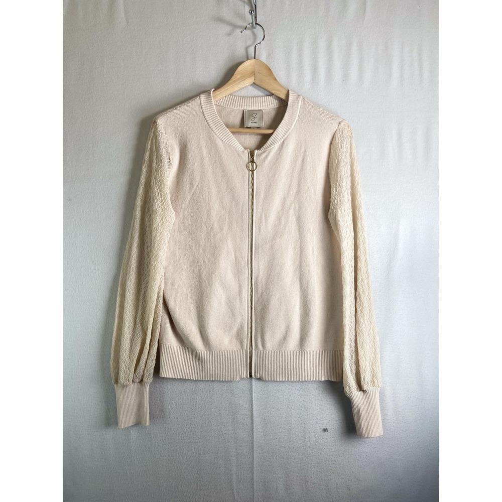Sioni Jacket S Cream Knit Zip Up Sheer Textured Sleeve Bomber Casual Stretch